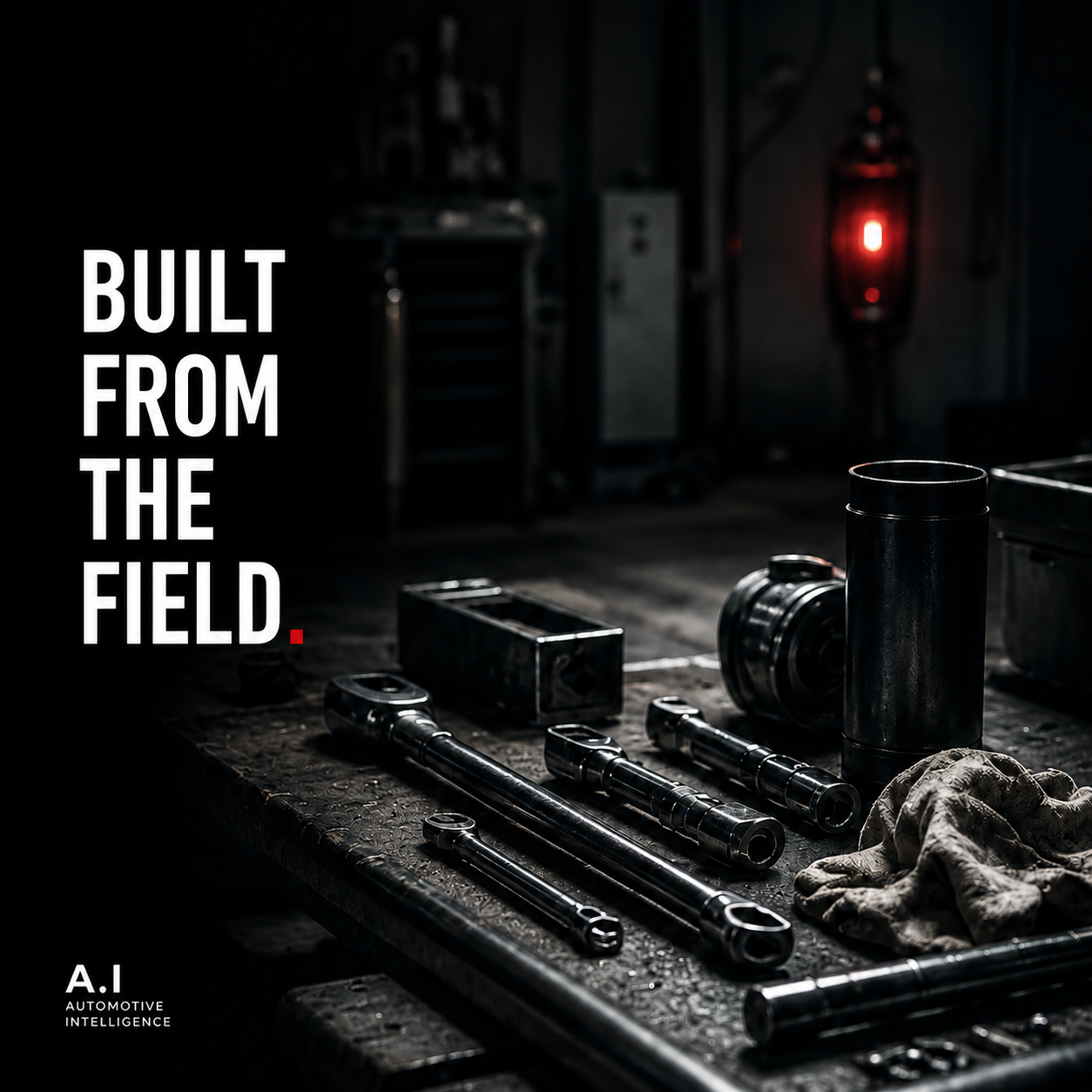 BUILT FROM THE FIELD と書かれた暗い整備現場の工具